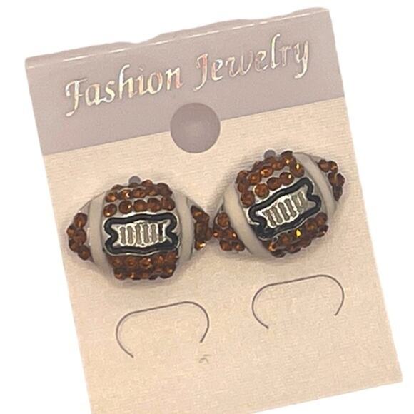 Football Post‎ Earrings Brown Rhinestone - Picture 1 of 4
